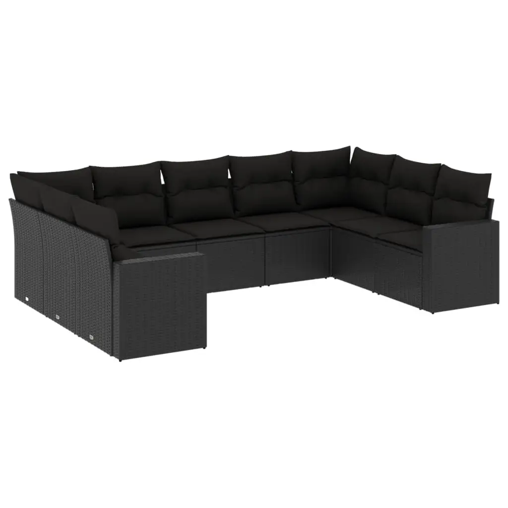 9 Piece Garden Sofa Set with Cushions Black Poly Rattan 3251732 - Furniture