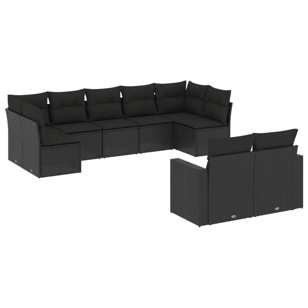 9 Piece Garden Sofa Set with Cushions Black Poly Rattan 3251752 - Furniture