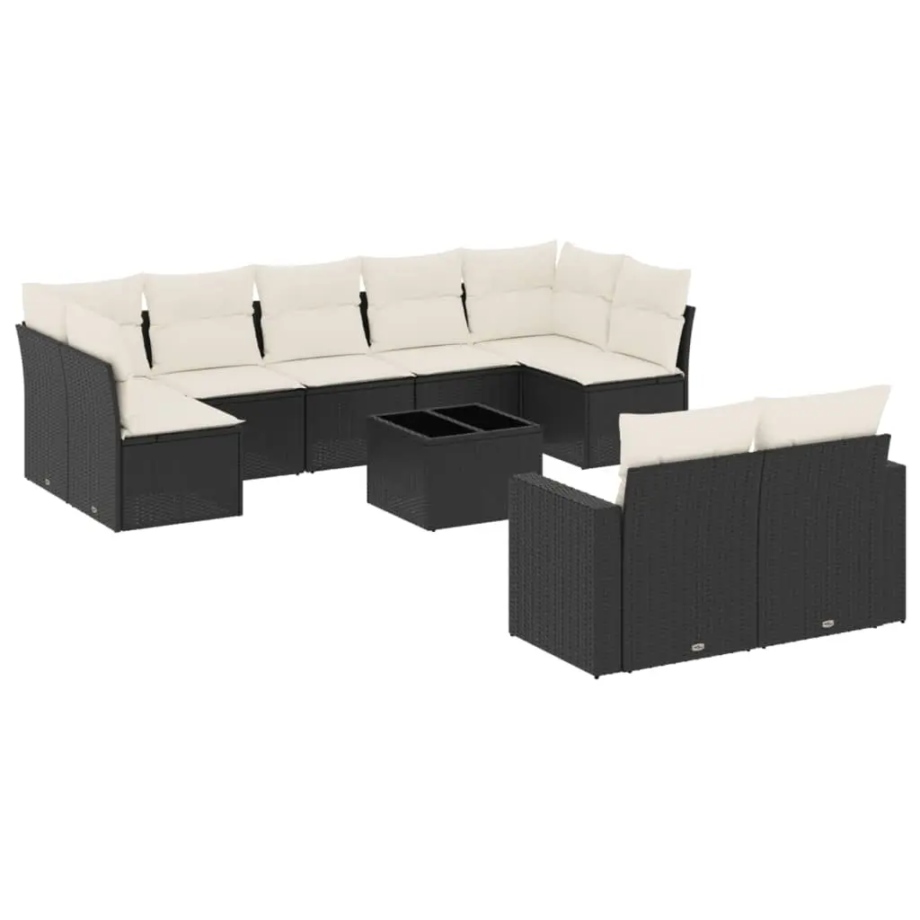 10 Piece Garden Sofa Set with Cushions Black Poly Rattan 3251763 - Furniture