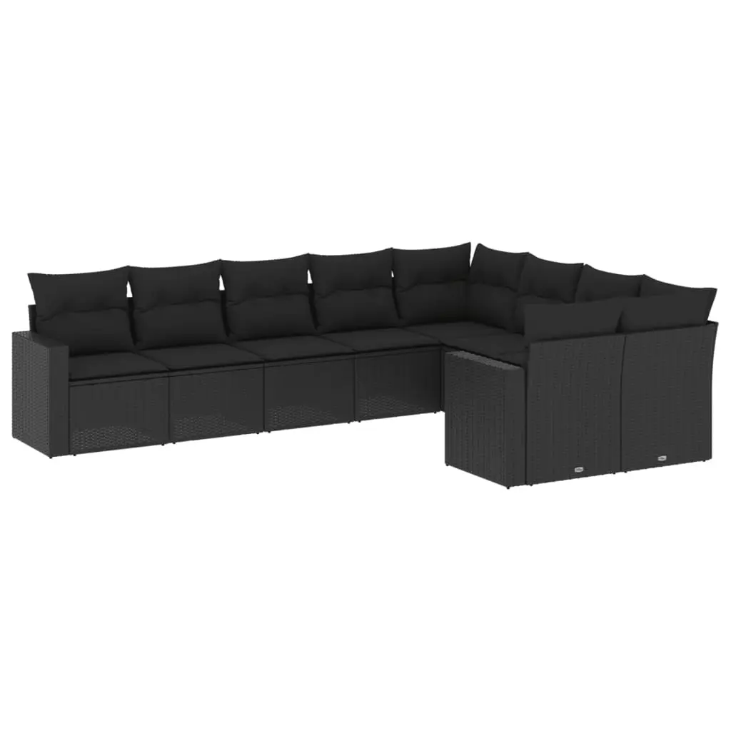 9 Piece Garden Sofa Set with Cushions Black Poly Rattan 3251772 - Furniture