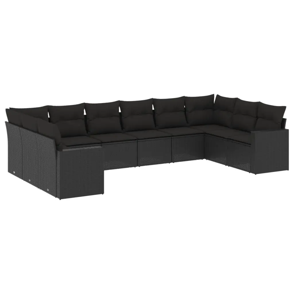 10 Piece Garden Sofa Set with Cushions Black Poly Rattan 3251802 - Furniture