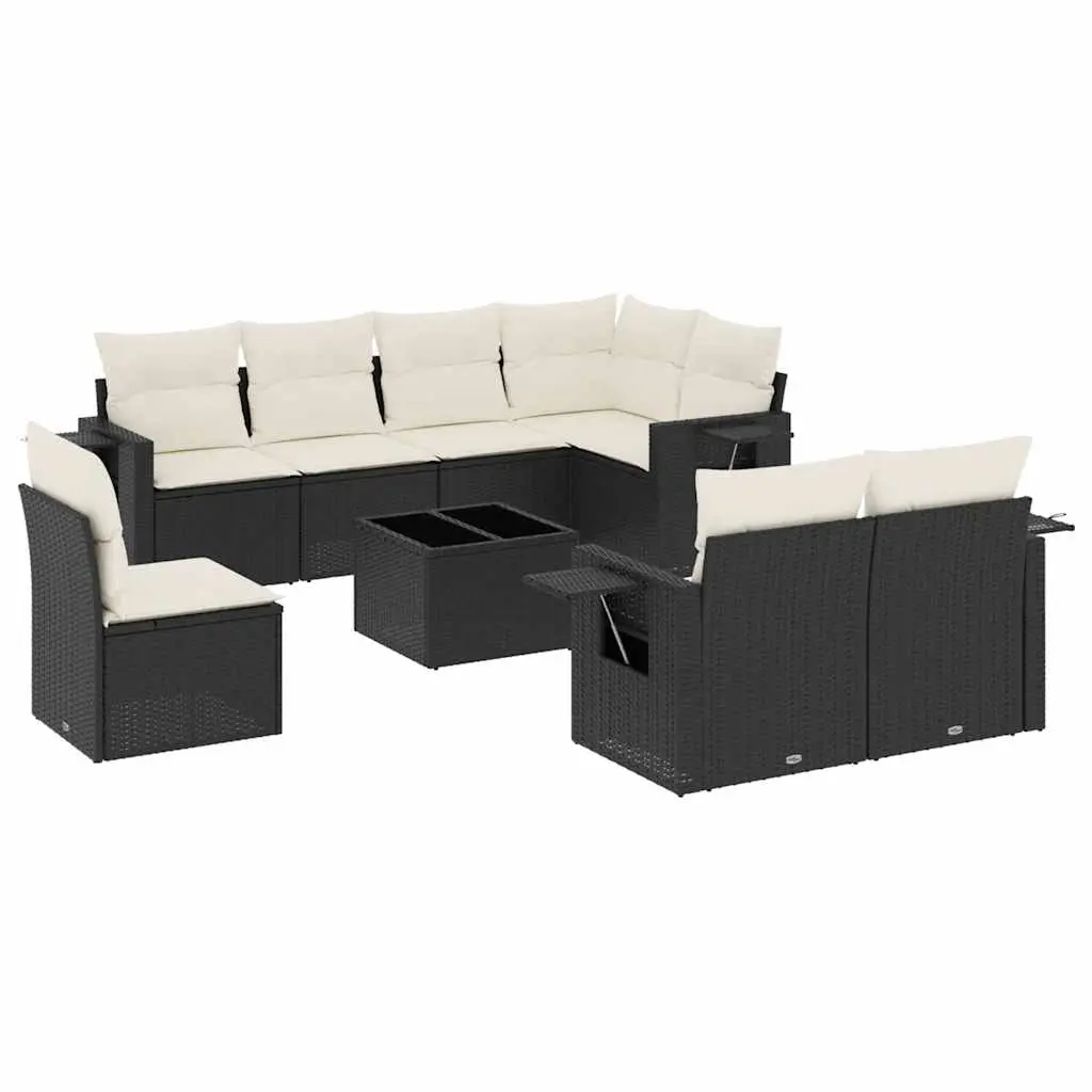 9 Piece Garden Sofa Set with Cushions Black Poly Rattan 3252783 - Furniture