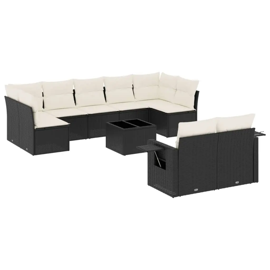 10 Piece Garden Sofa Set with Cushions Black Poly Rattan 3252963 - Furniture