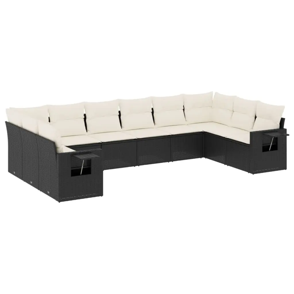 10 Piece Garden Sofa Set with Cushions Black Poly Rattan 3253003 - Furniture