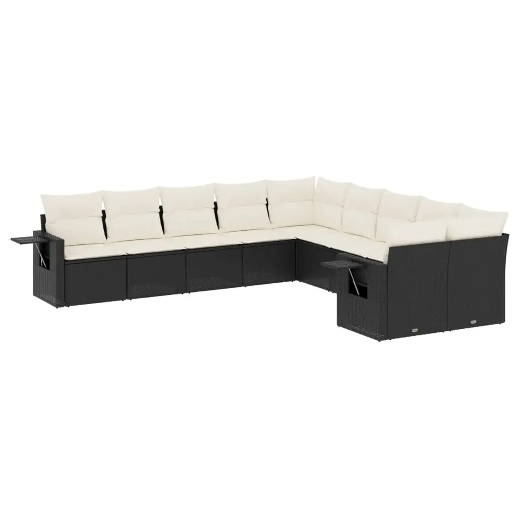 10 Piece Garden Sofa Set with Cushions Black Poly Rattan 3253043 - Furniture