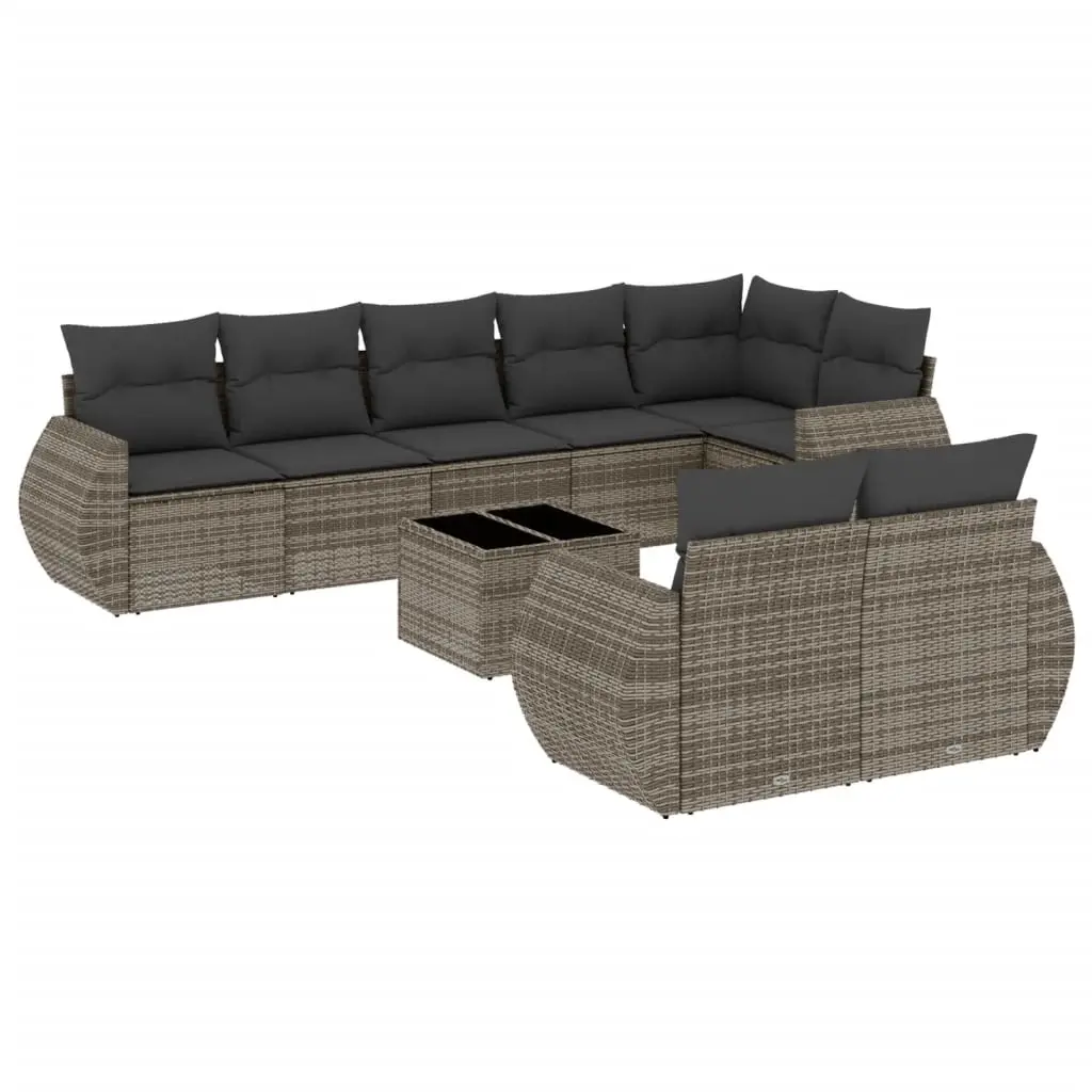 9 Piece Garden Sofa Set with Cushions Grey Poly Rattan 3253967 - Furniture