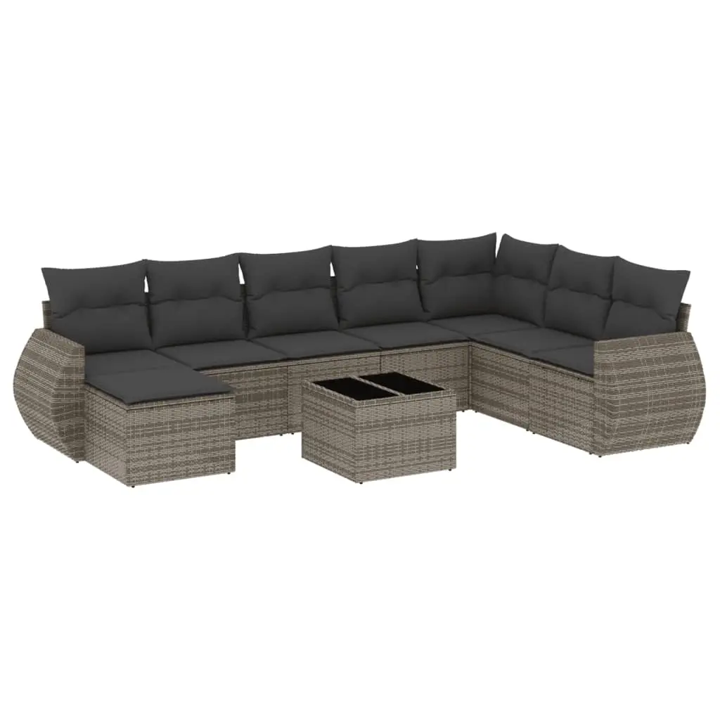 9 Piece Garden Sofa Set with Cushions Grey Poly Rattan 3254107 - Furniture