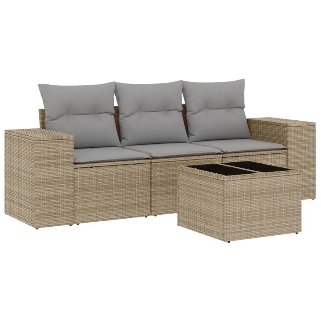 4 Piece Garden Sofa Set with Cushions Beige Poly Rattan 3254606 - Furniture