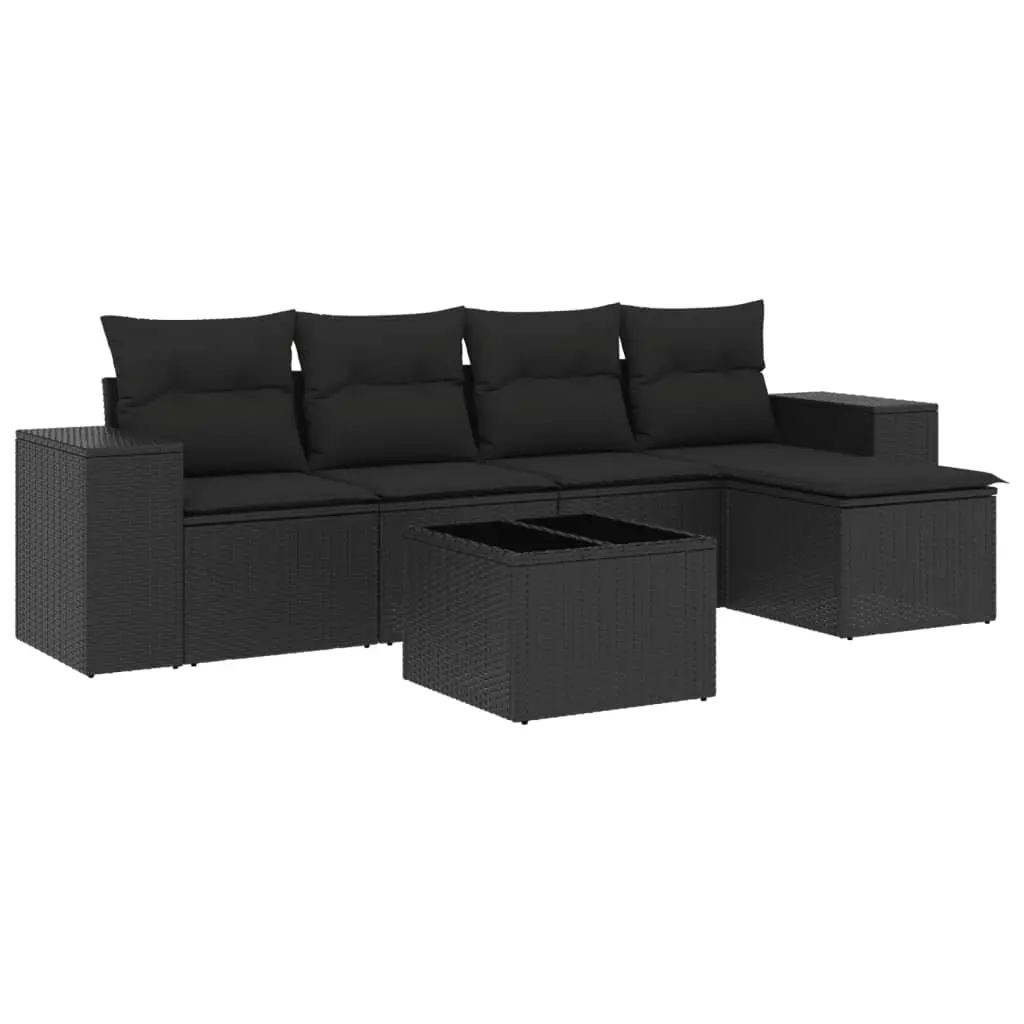 6 Piece Garden Sofa Set with Cushions Black Poly Rattan 3254832 - Furniture