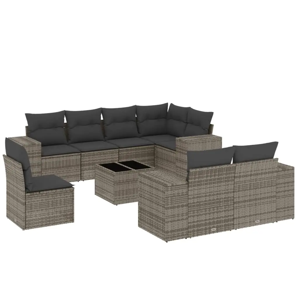 9 Piece Garden Sofa Set with Cushions Grey Poly Rattan 3255187 - Furniture