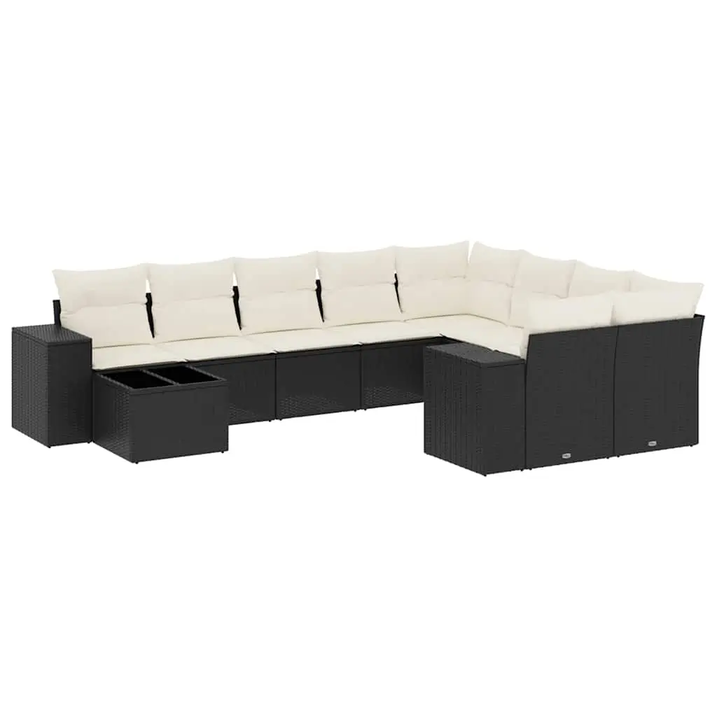 10 Piece Garden Sofa Set with Cushions Black Poly Rattan 3255393 - Furniture