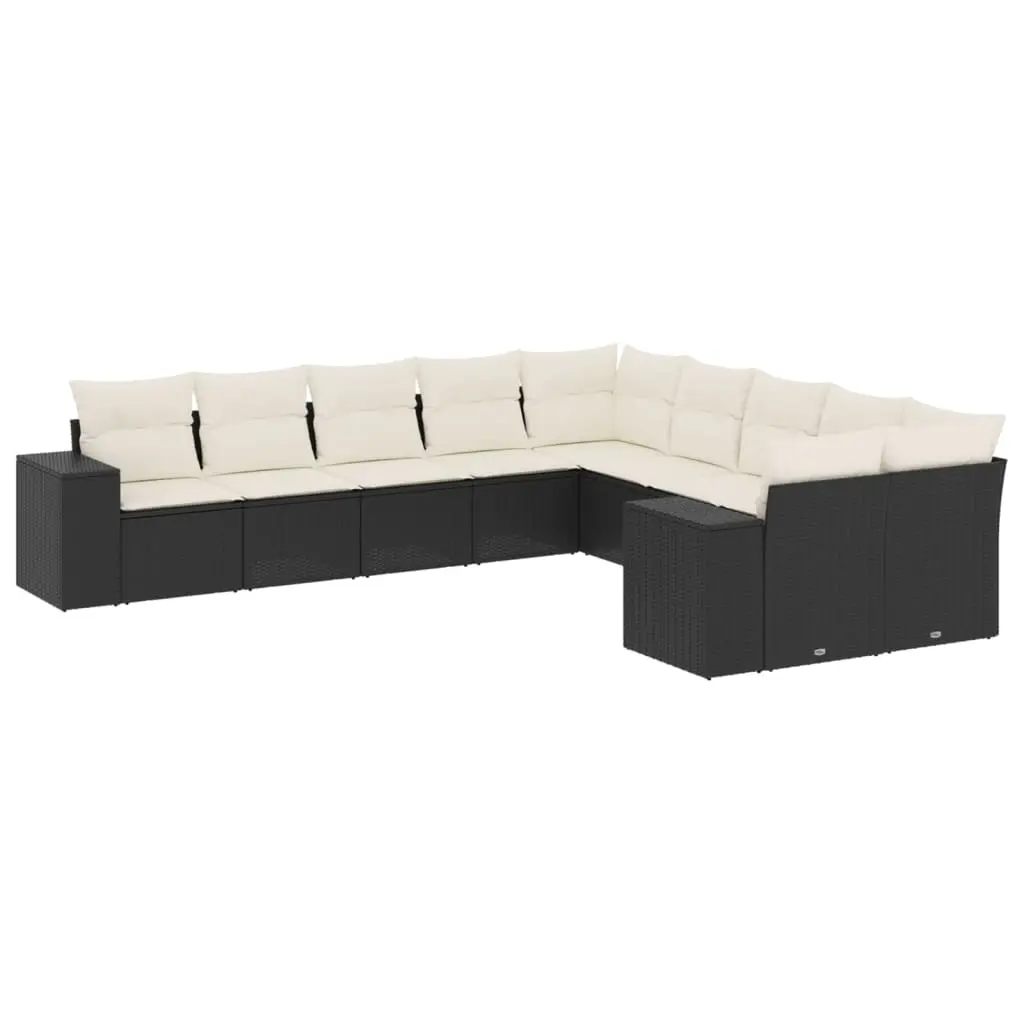 10 Piece Garden Sofa Set with Cushions Black Poly Rattan 3255443 - Furniture