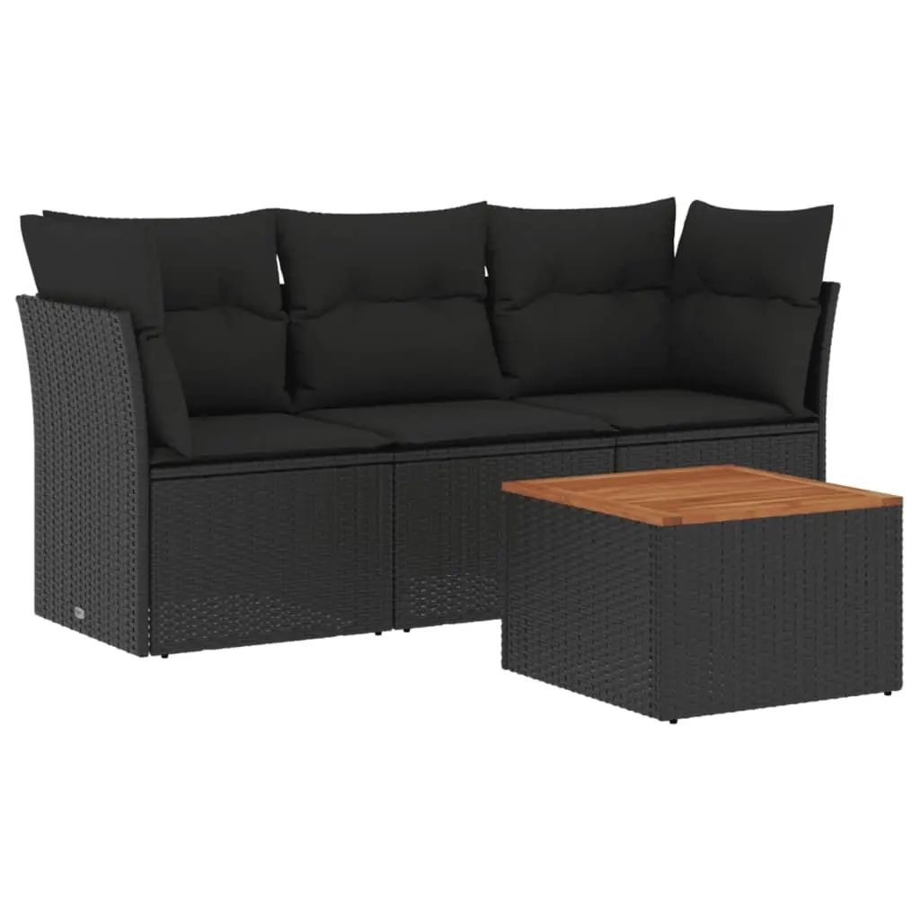 4 Piece Garden Sofa Set with Cushions Black Poly Rattan 3255796 - Furniture
