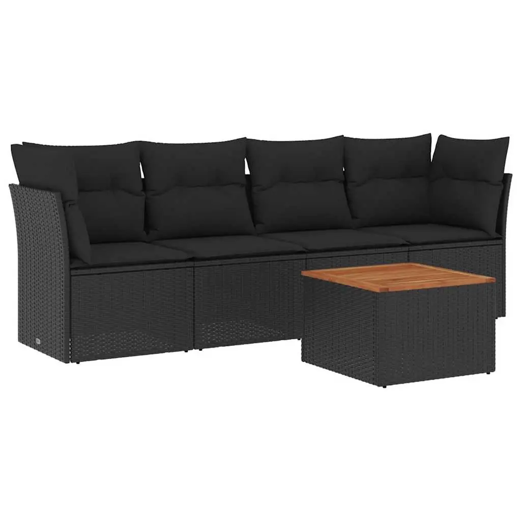 5 Piece Garden Sofa Set with Cushions Black Poly Rattan 3255803 - Furniture