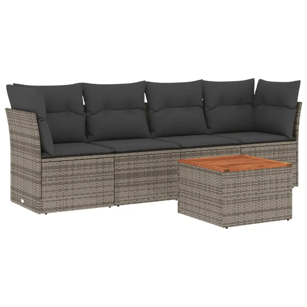 5 Piece Garden Sofa Set with Cushions Grey Poly Rattan 3255808 - Furniture