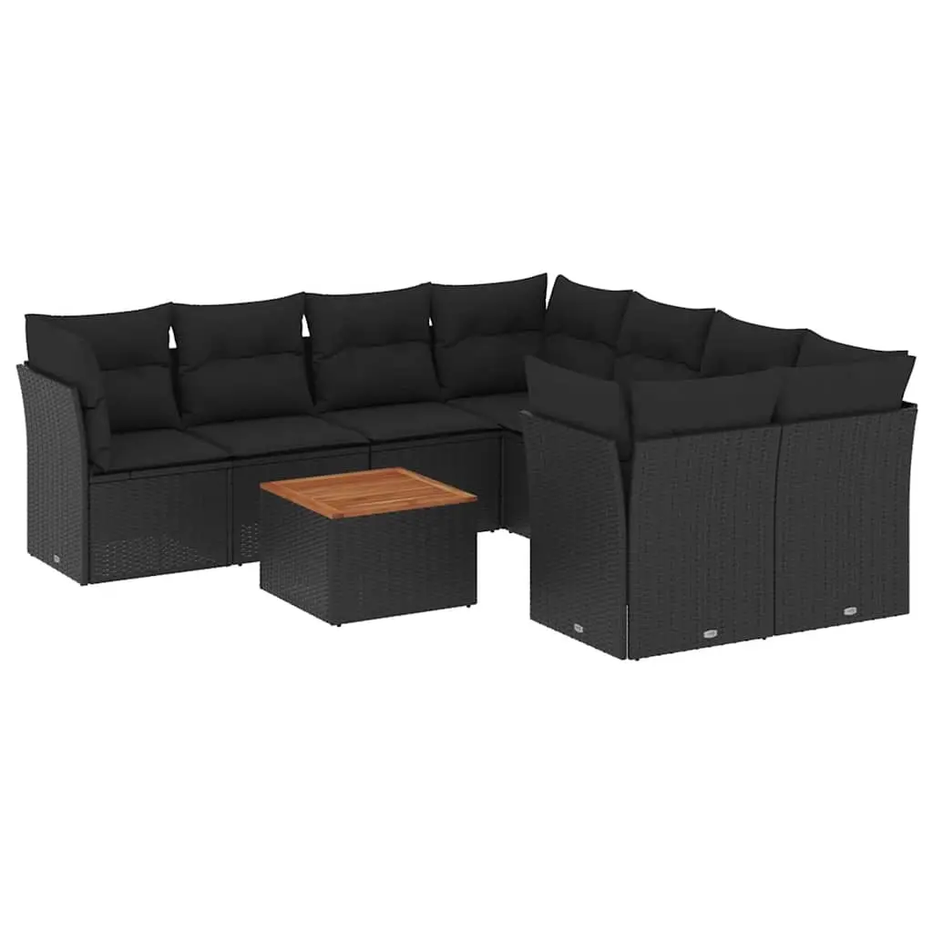 9 Piece Garden Sofa Set with Cushions Black Poly Rattan 3255859 - Furniture
