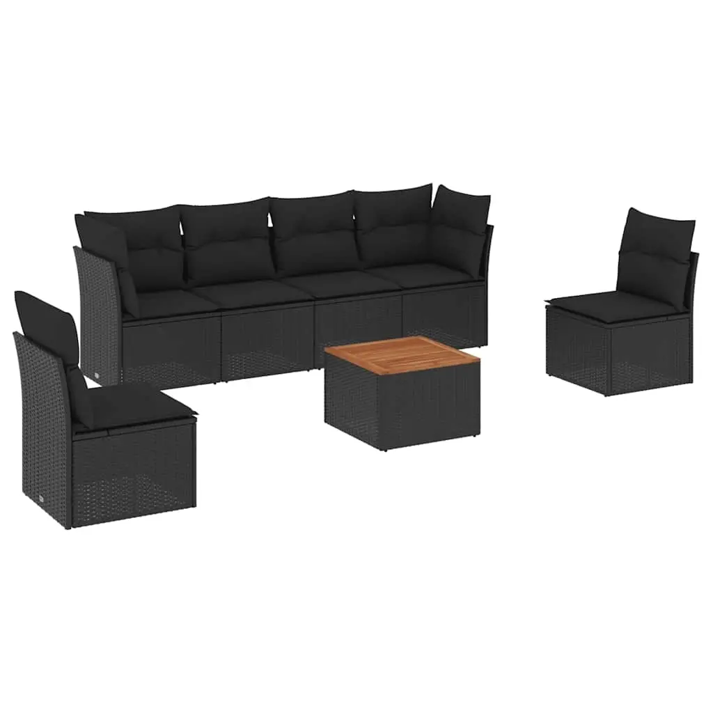7 Piece Garden Sofa Set with Cushions Black Poly Rattan 3255880 - Furniture