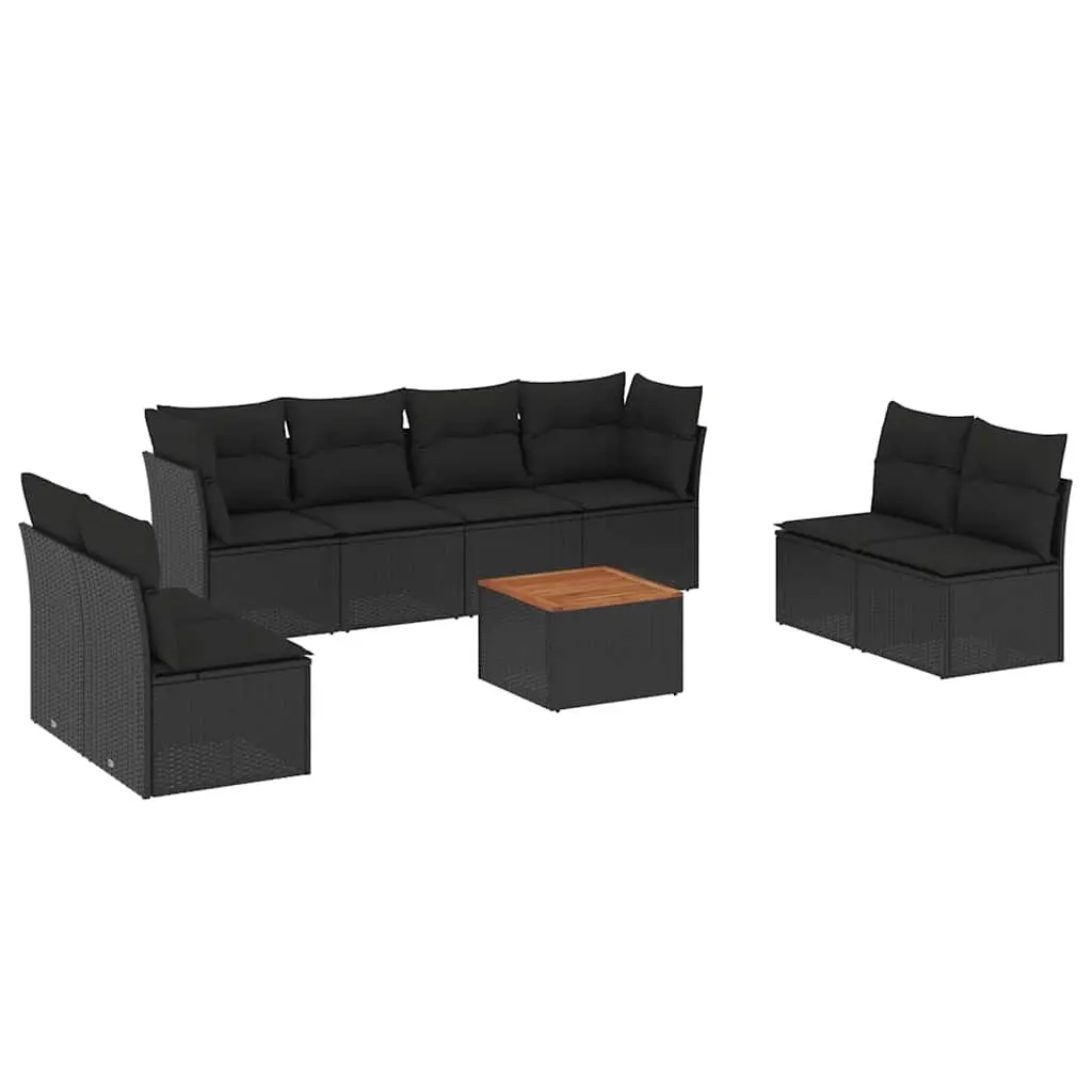 9 Piece Garden Sofa Set with Cushions Black Poly Rattan 3255908 - Furniture