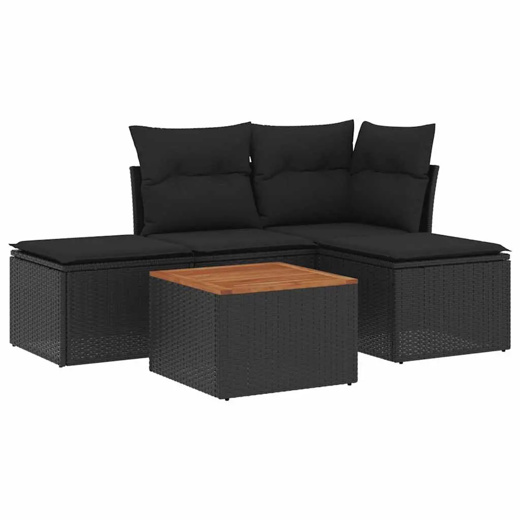 5 Piece Garden Sofa Set with Cushions Black Poly Rattan 3255915 - Furniture