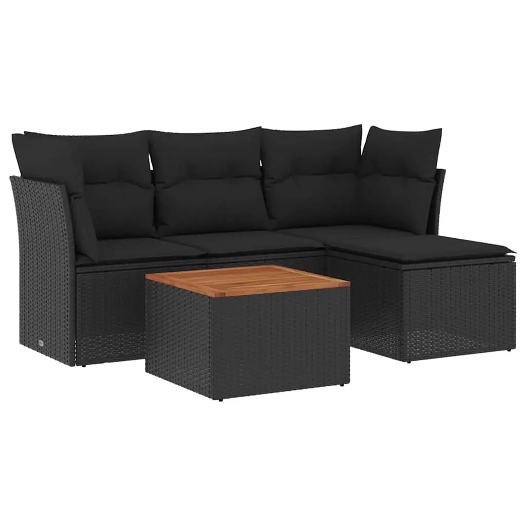 5 Piece Garden Sofa Set with Cushions Black Poly Rattan 3255936 - Furniture