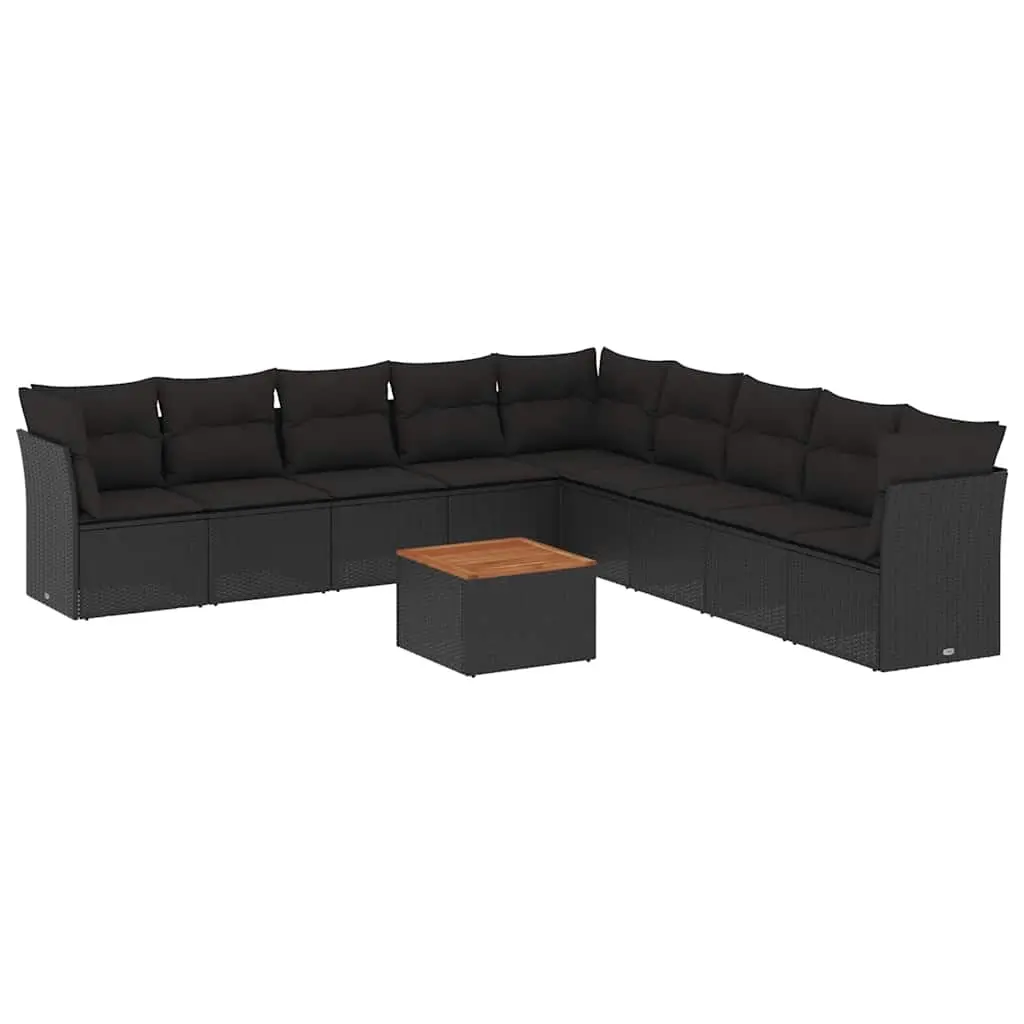 10 Piece Garden Sofa Set with Cushions Black Poly Rattan 3256020 - Furniture