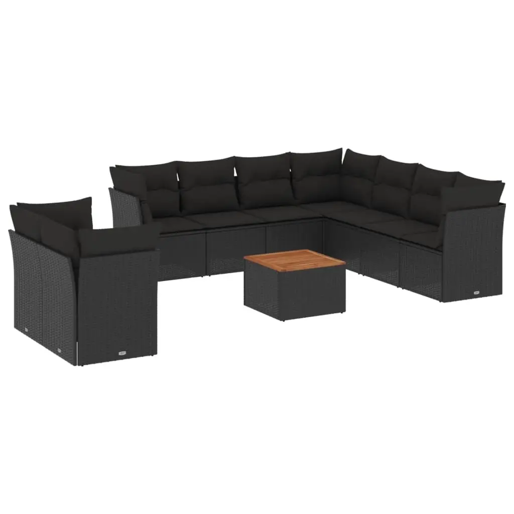 10 Piece Garden Sofa Set with Cushions Black Poly Rattan 3256041 - Furniture