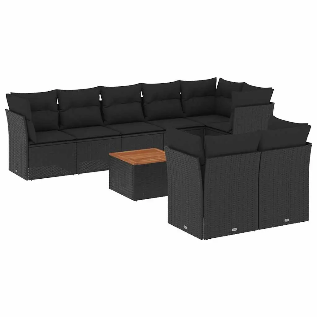 9 Piece Garden Sofa Set with Cushions Black Poly Rattan 3256062 - Furniture
