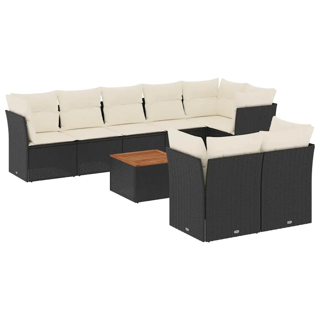 9 Piece Garden Sofa Set with Cushions Black Poly Rattan 3256063 - Furniture