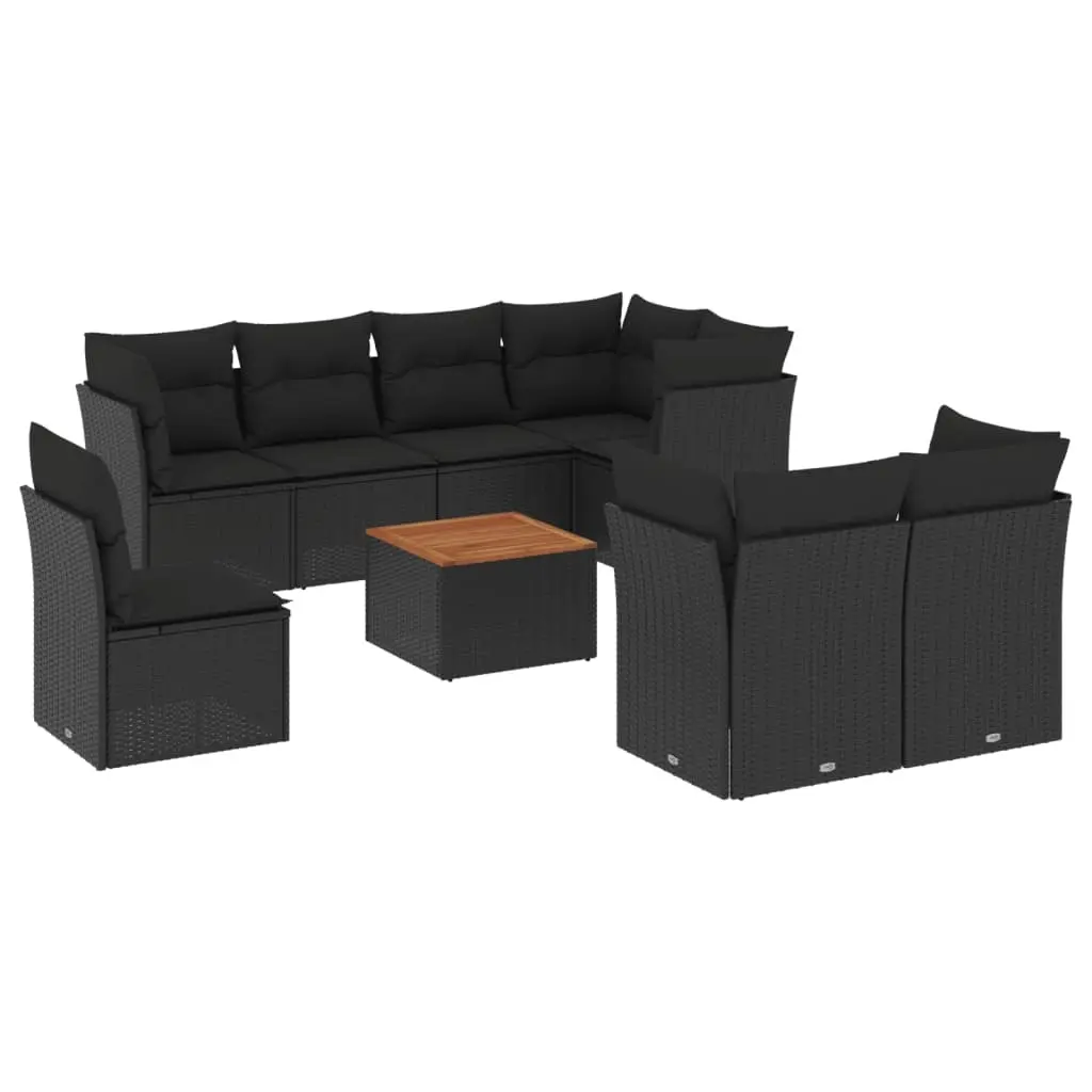 9 Piece Garden Sofa Set with Cushions Black Poly Rattan 3256069 - Furniture
