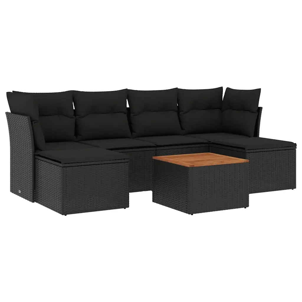 7 Piece Garden Sofa Set with Cushions Black Poly Rattan 3256097 - Furniture