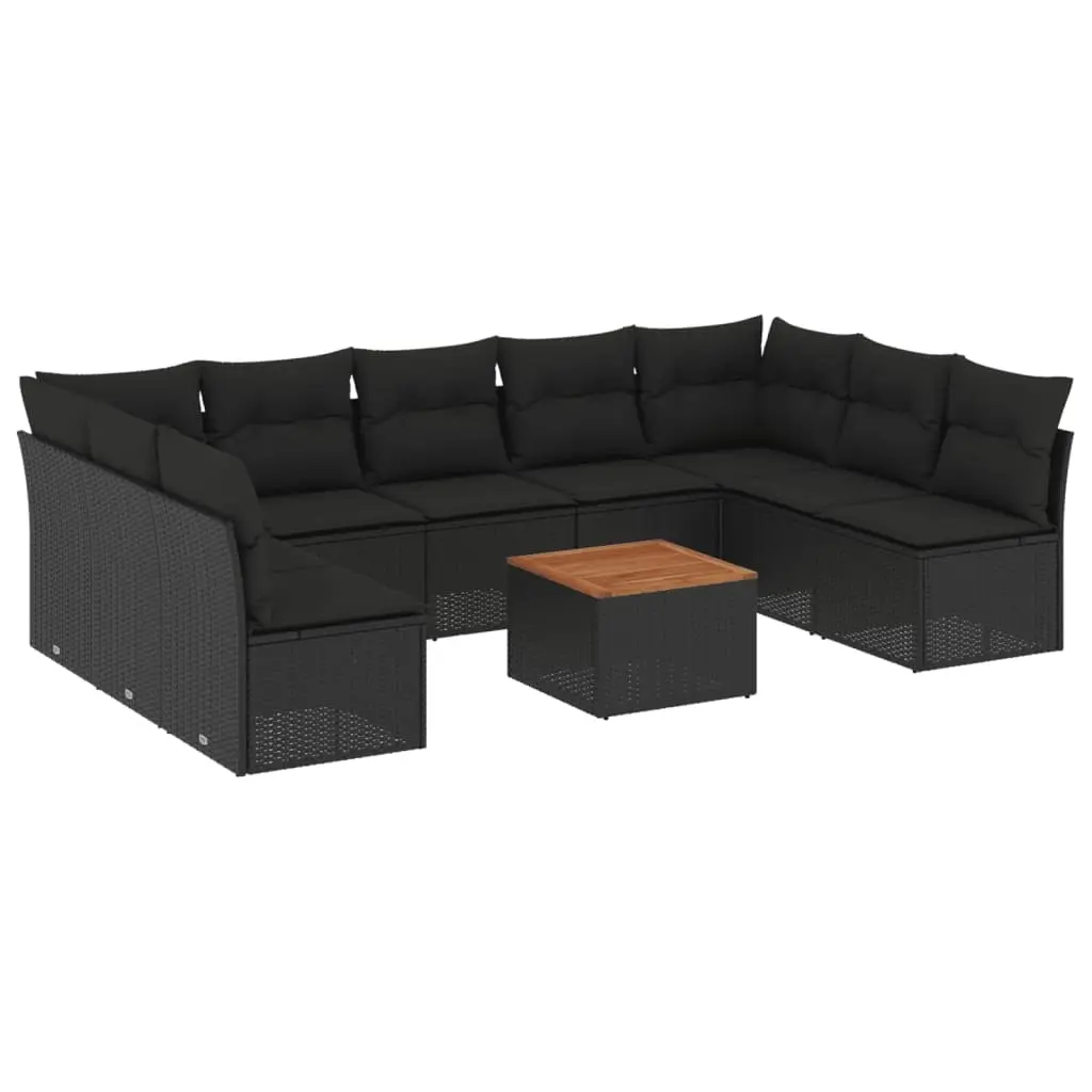 10 Piece Garden Sofa Set with Cushions Black Poly Rattan 3256118 - Furniture