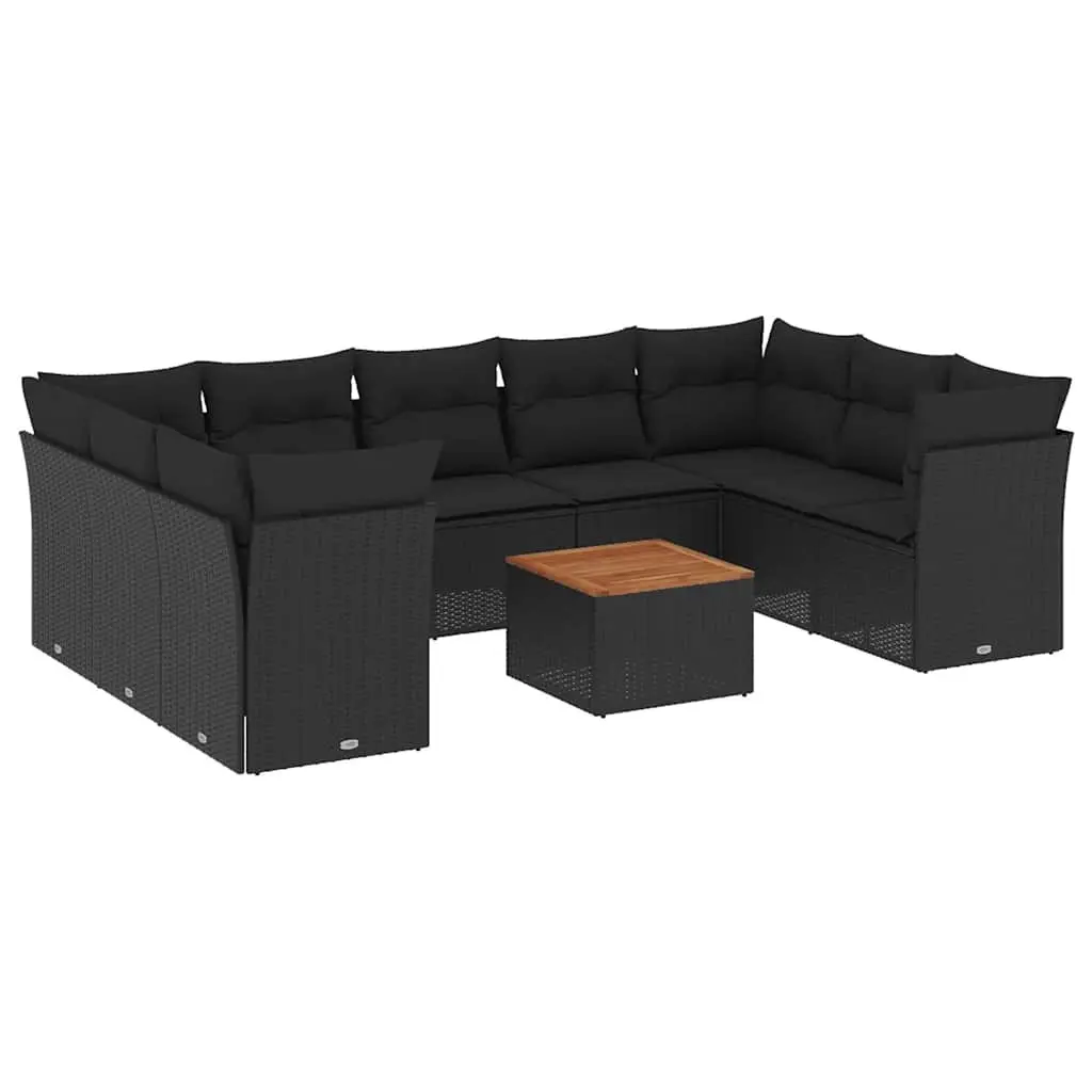 10 Piece Garden Sofa Set with Cushions Black Poly Rattan 3256132 - Furniture