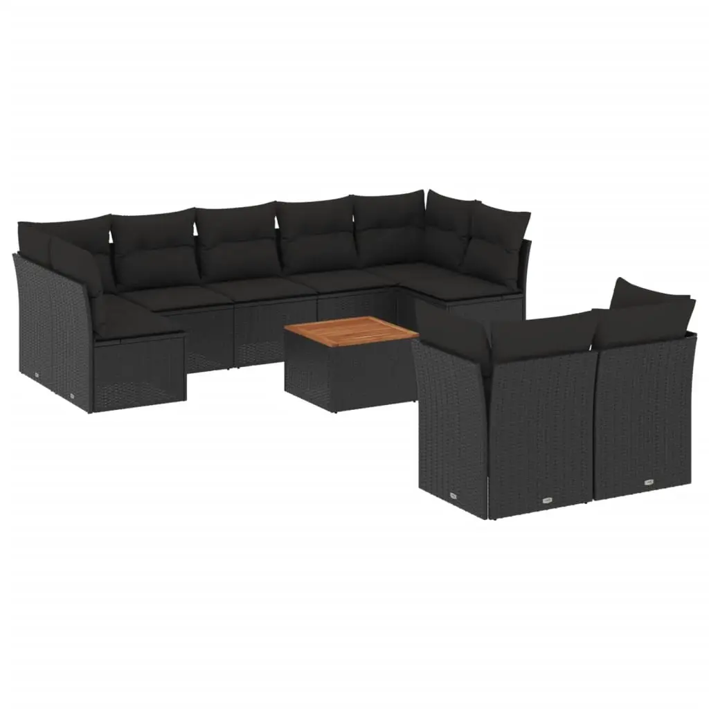 10 Piece Garden Sofa Set with Cushions Black Poly Rattan 3256139 - Furniture