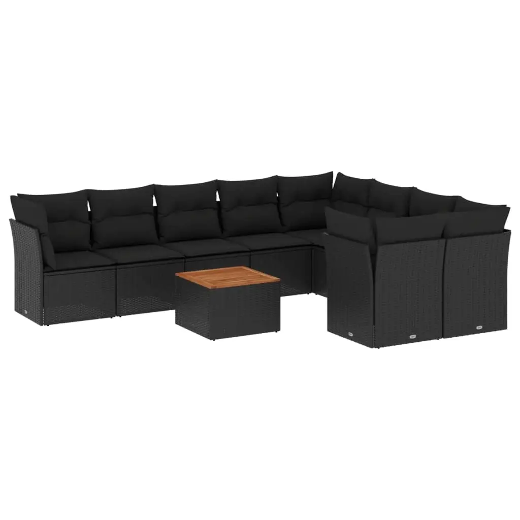 10 Piece Garden Sofa Set with Cushions Black Poly Rattan 3256146 - Furniture