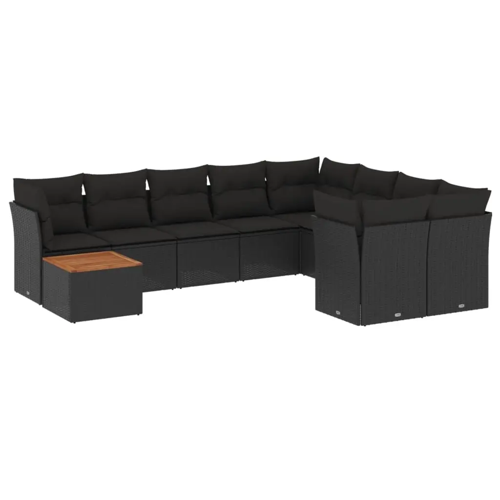 10 Piece Garden Sofa Set with Cushions Black Poly Rattan 3256153 - Furniture