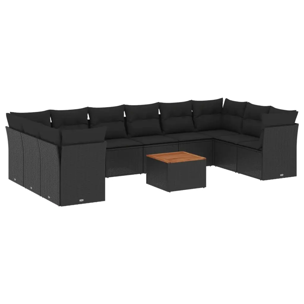 11 Piece Garden Sofa Set with Cushions Black Poly Rattan 3256160 - Furniture