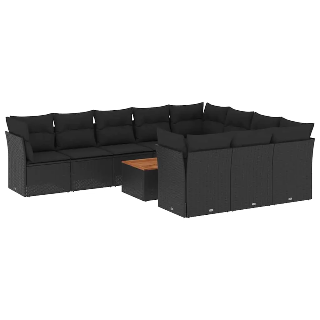 11 Piece Garden Sofa Set with Cushions Black Poly Rattan 3256167 - Furniture