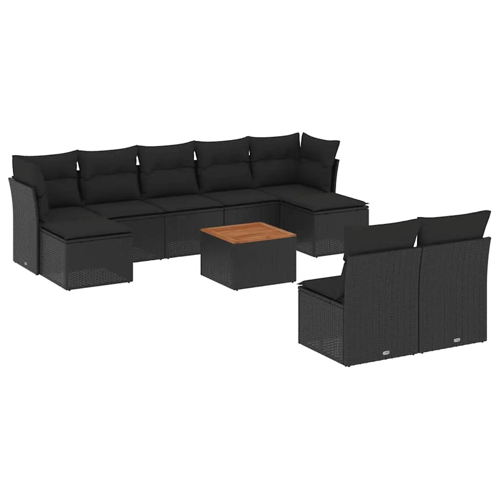 10 Piece Garden Sofa Set with Cushions Black Poly Rattan 3256188 - Furniture
