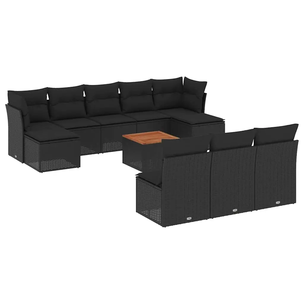 11 Piece Garden Sofa Set with Cushions Black Poly Rattan 3256195 - Furniture