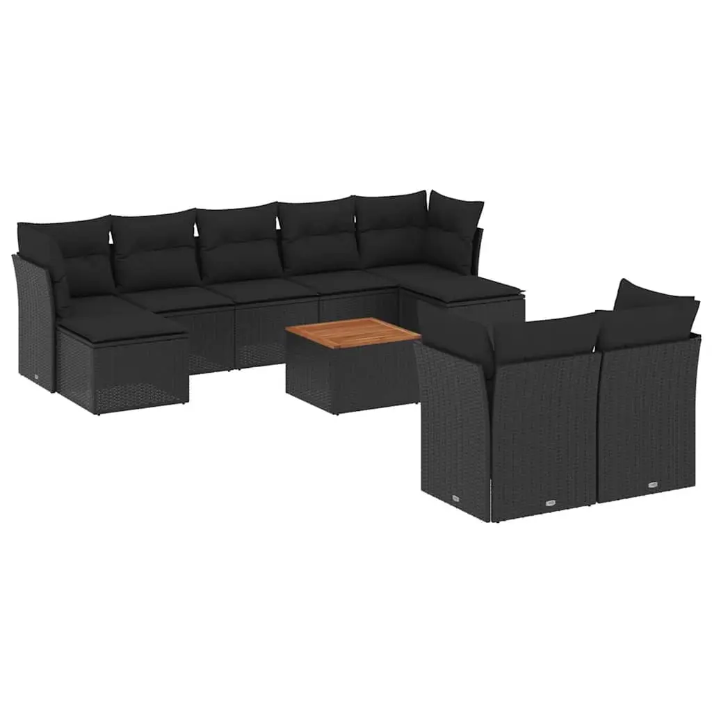 10 Piece Garden Sofa Set with Cushions Black Poly Rattan 3256202 - Furniture