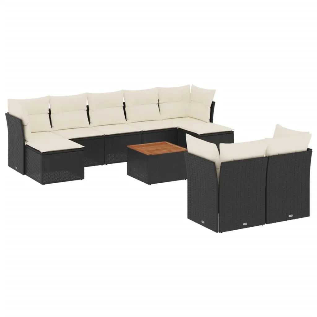 10 Piece Garden Sofa Set with Cushions Black Poly Rattan 3256203 - Furniture
