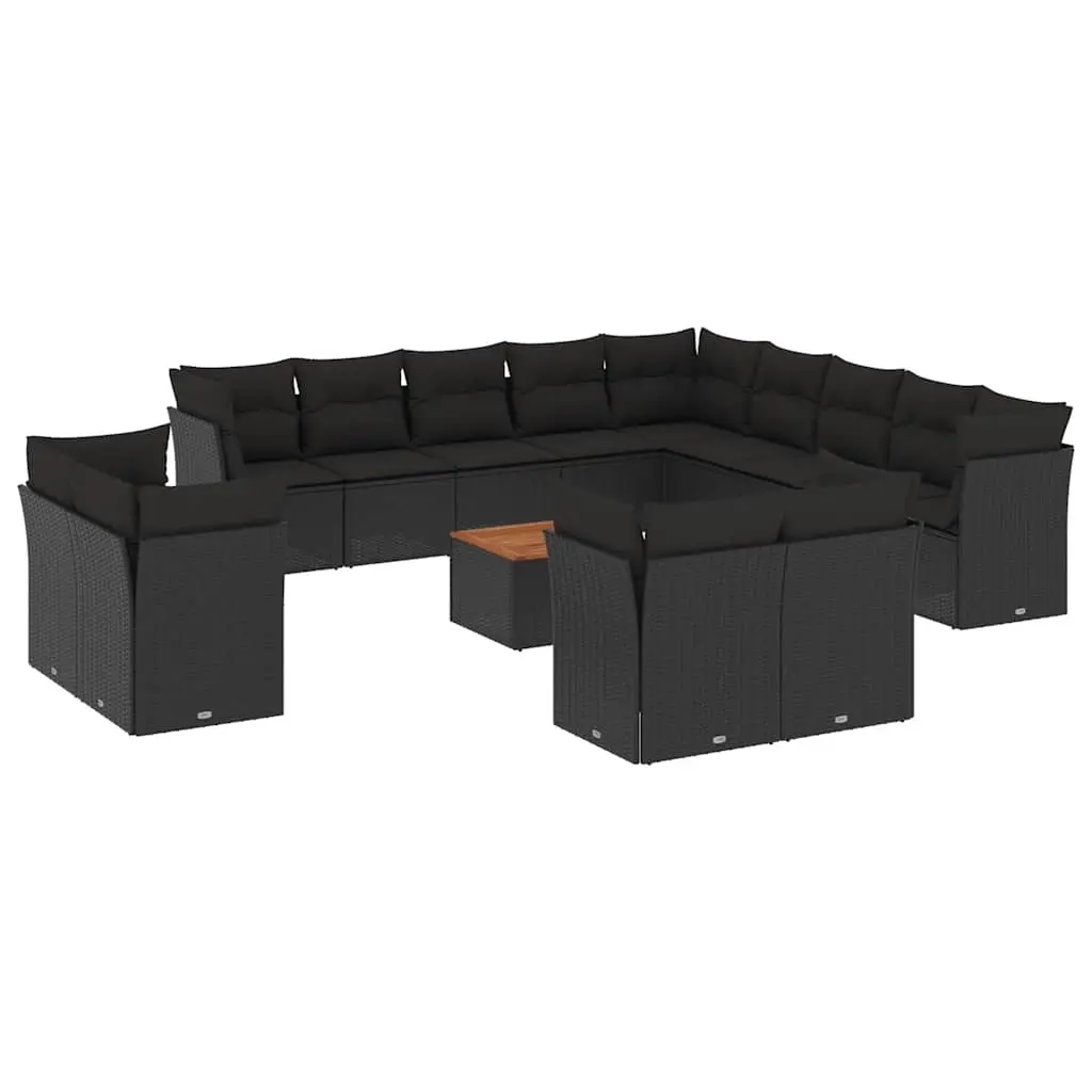 14 Piece Garden Sofa Set with Cushions Black Poly Rattan 3256286 - Furniture