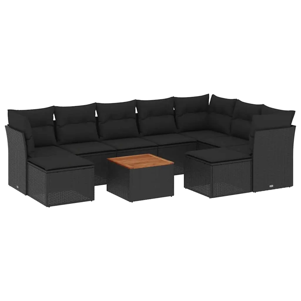 10 Piece Garden Sofa Set with Cushions Black Poly Rattan 3256293 - Furniture