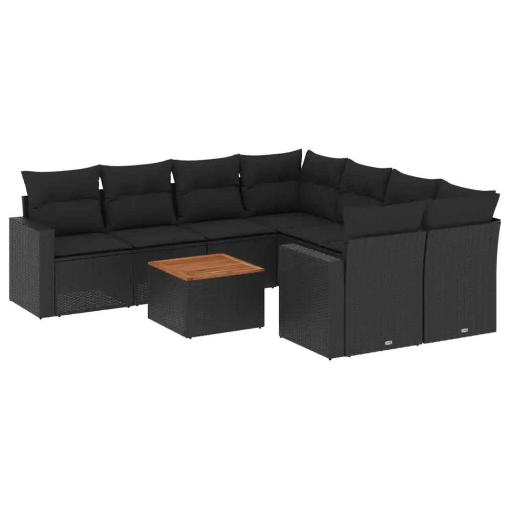 9 Piece Garden Sofa Set with Cushions Black Poly Rattan 3256377 - Furniture