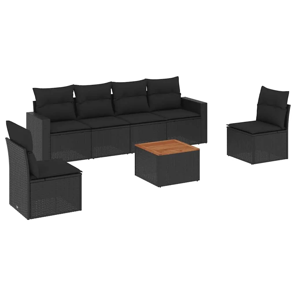 7 Piece Garden Sofa Set with Cushions Black Poly Rattan 3256398 - Furniture