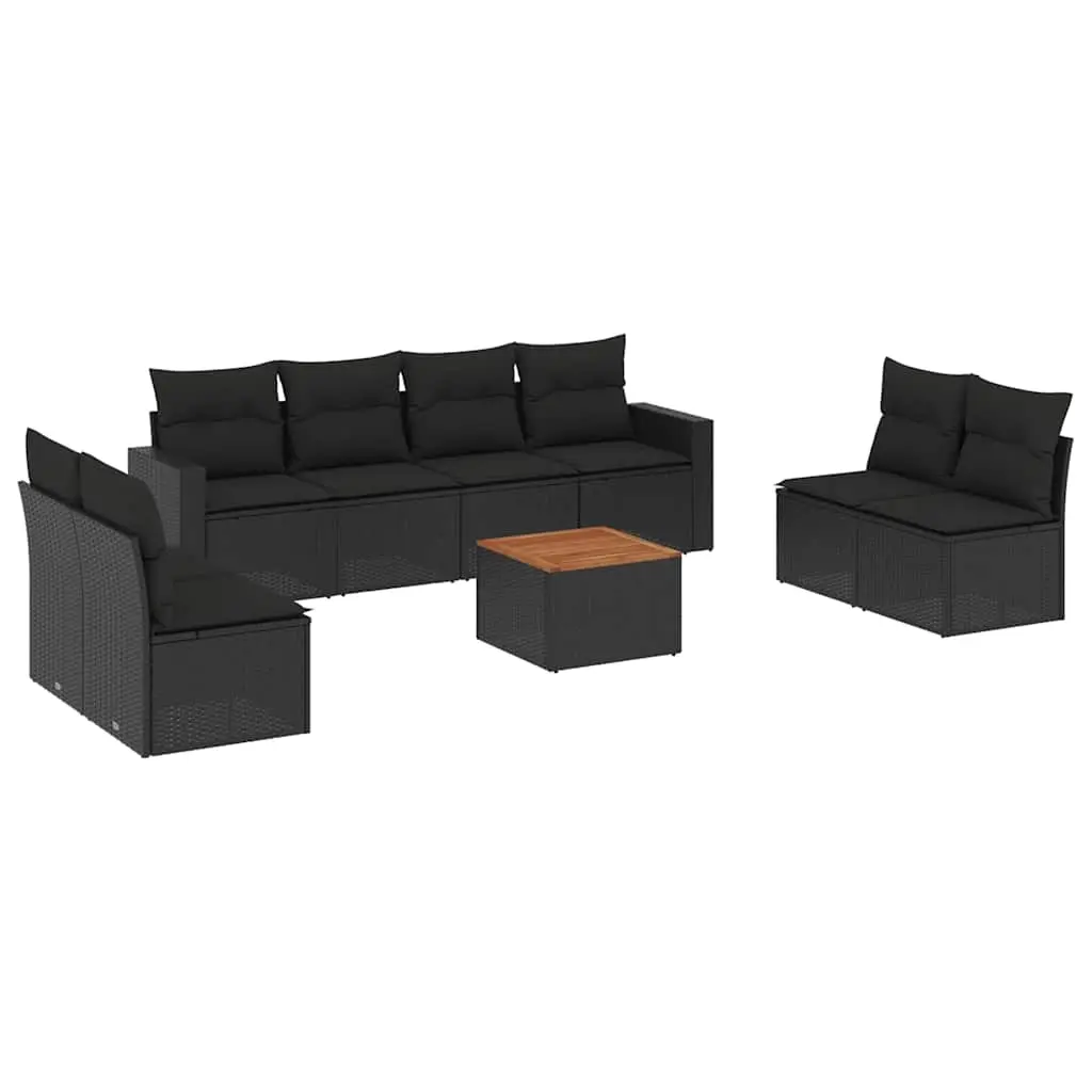 9 Piece Garden Sofa Set with Cushions Black Poly Rattan 3256412 - Furniture