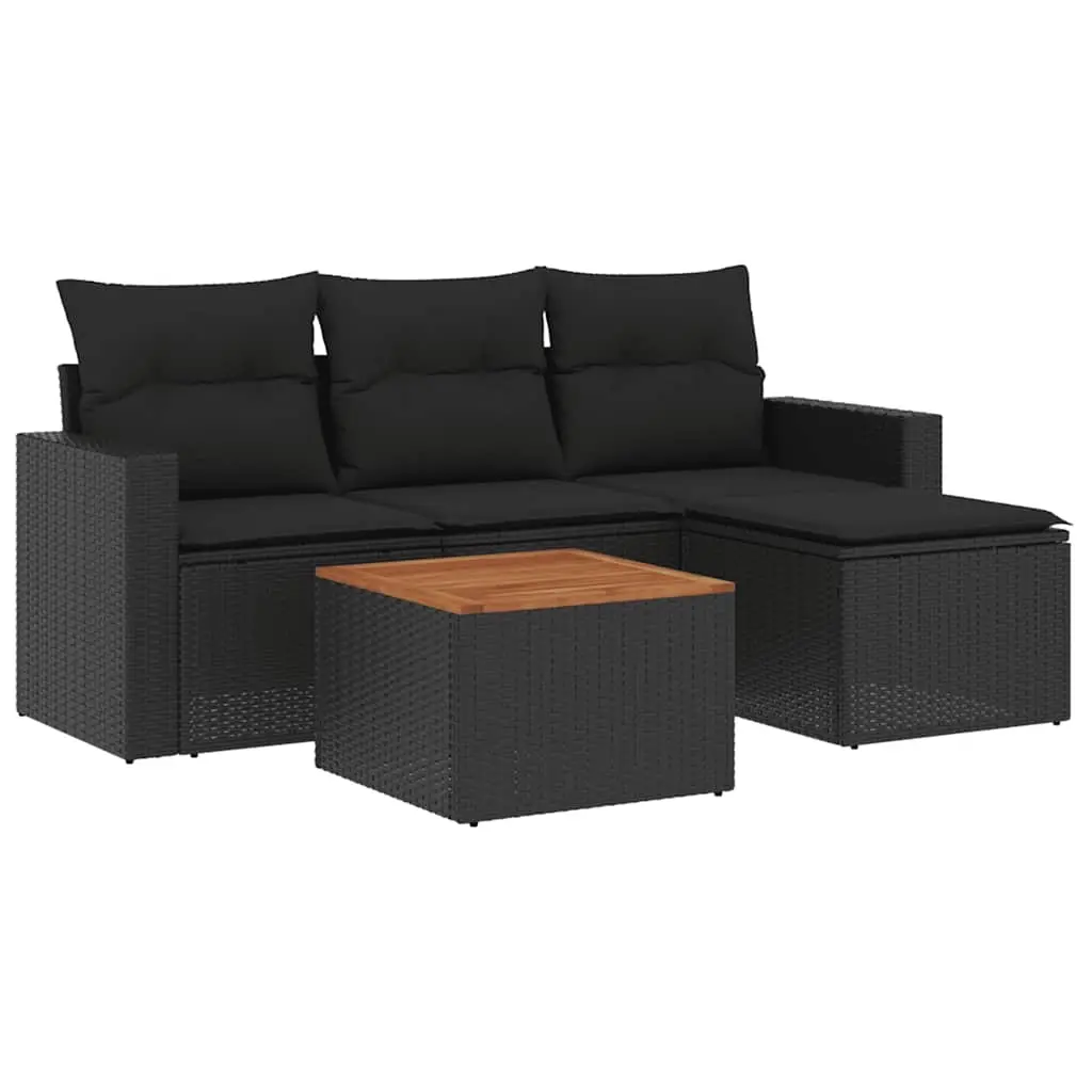 5 Piece Garden Sofa Set with Cushions Black Poly Rattan 3256419 - Furniture