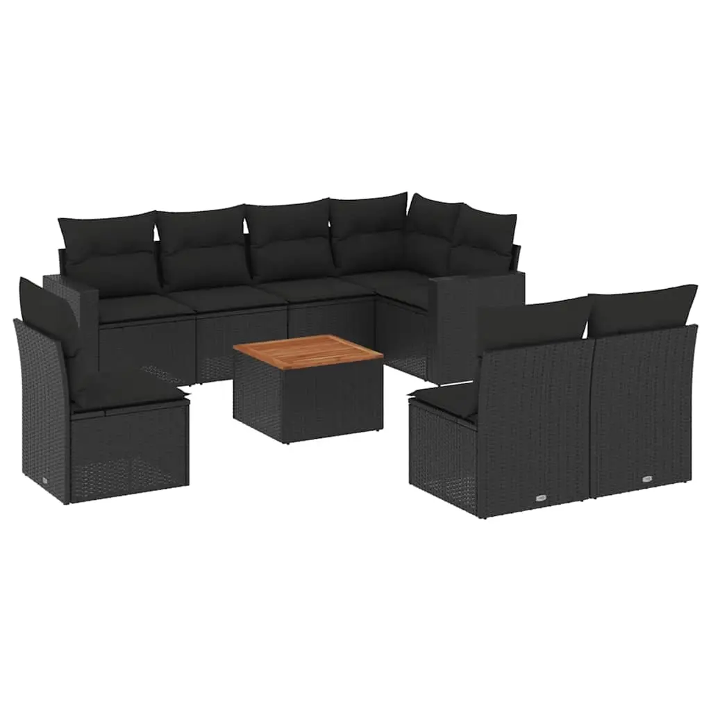 9 Piece Garden Sofa Set with Cushions Black Poly Rattan 3256489 - Furniture