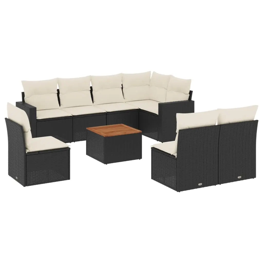 9 Piece Garden Sofa Set with Cushions Black Poly Rattan 3256490 - Furniture