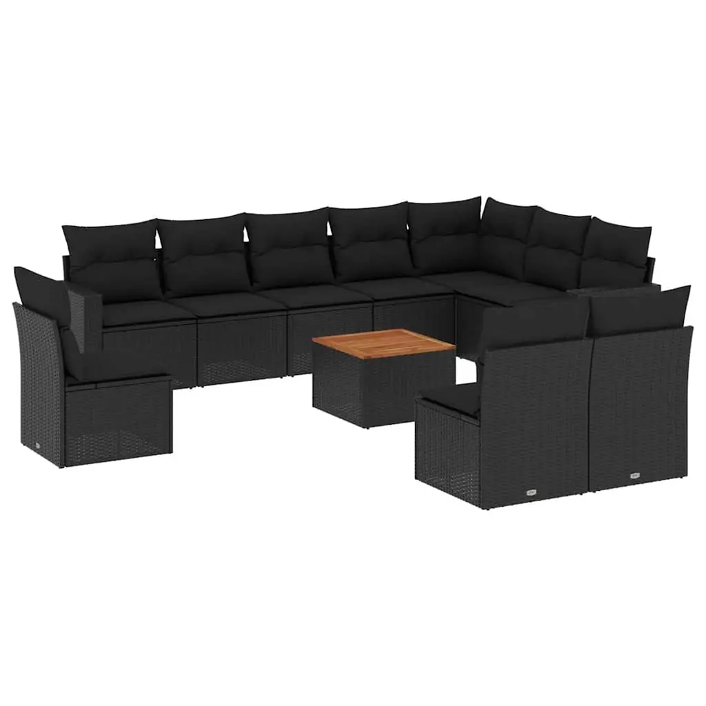 11 Piece Garden Sofa Set with Cushions Black Poly Rattan 3256503 - Furniture
